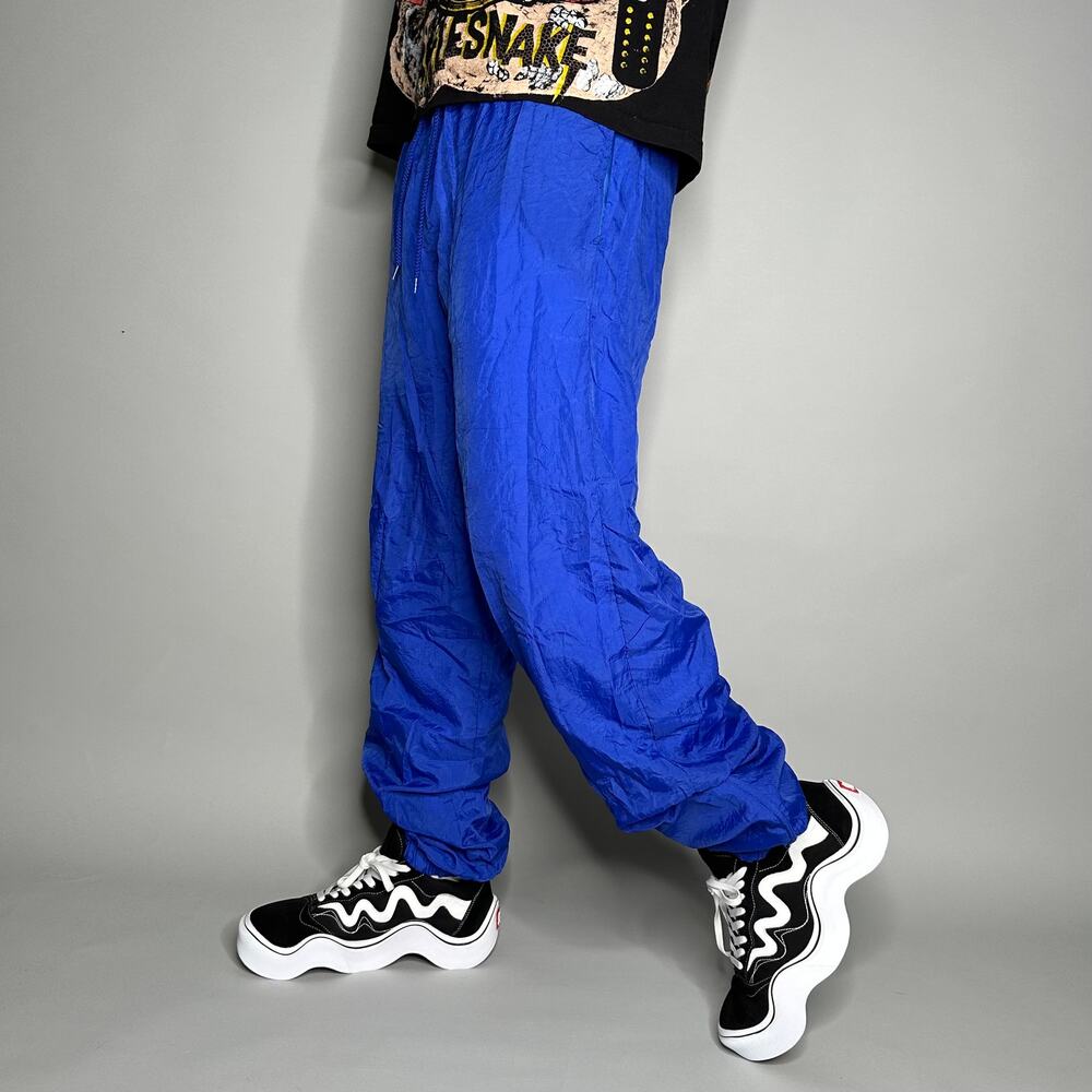 Vintage 90s Track Pants Mens M Baggy Fit Royal Blue Nylon Joggers Ankle Zippers